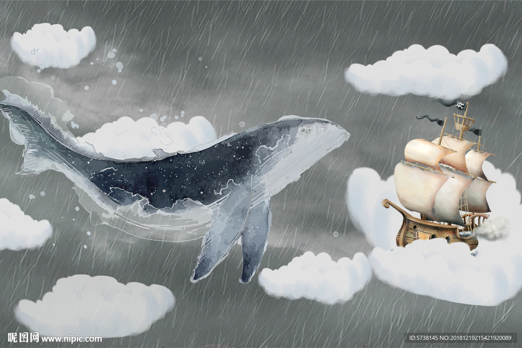 儿童房天空鲸鱼玄关屏风背景墙底