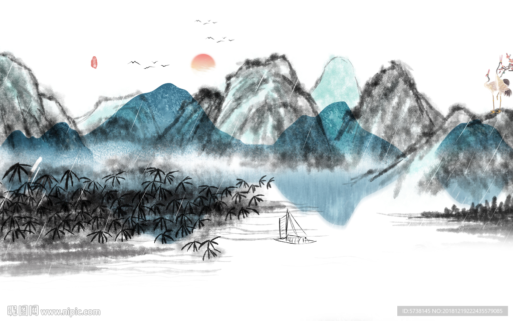 蓝色水墨手绘玄关屏风背景墙底纹