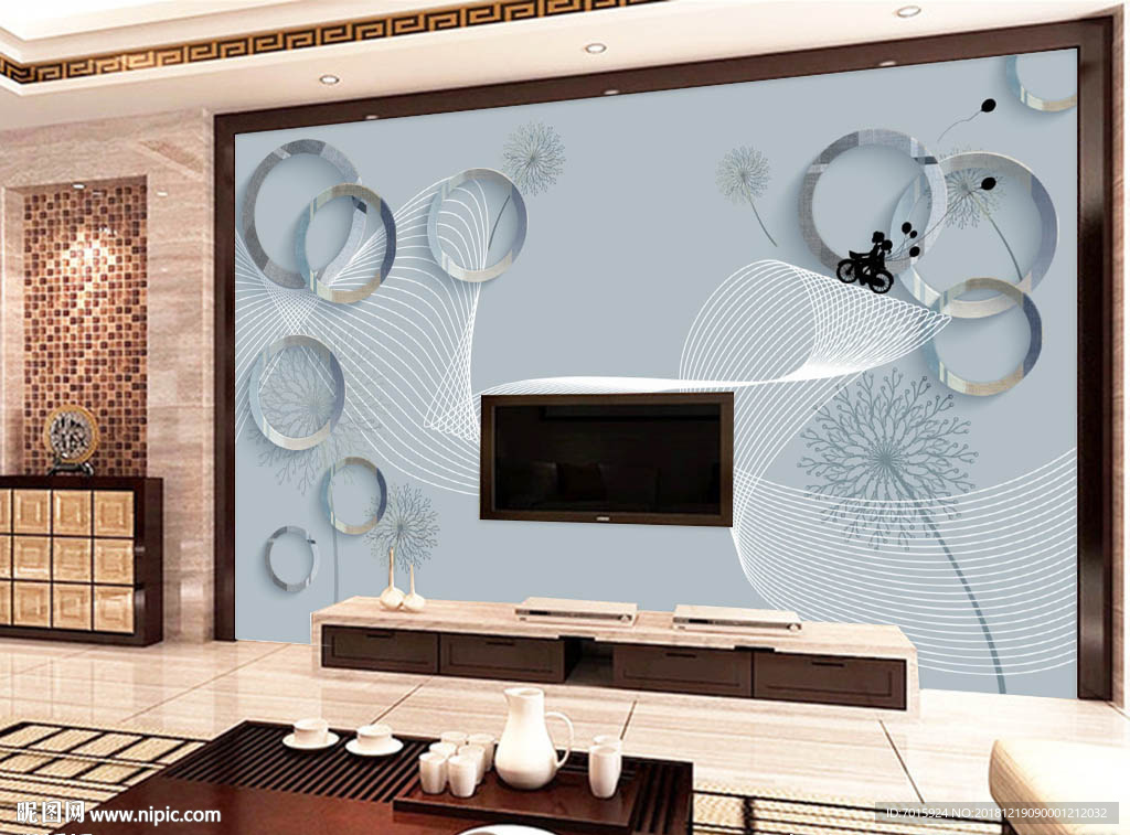 手绘花纹小清新现代简约电视背景