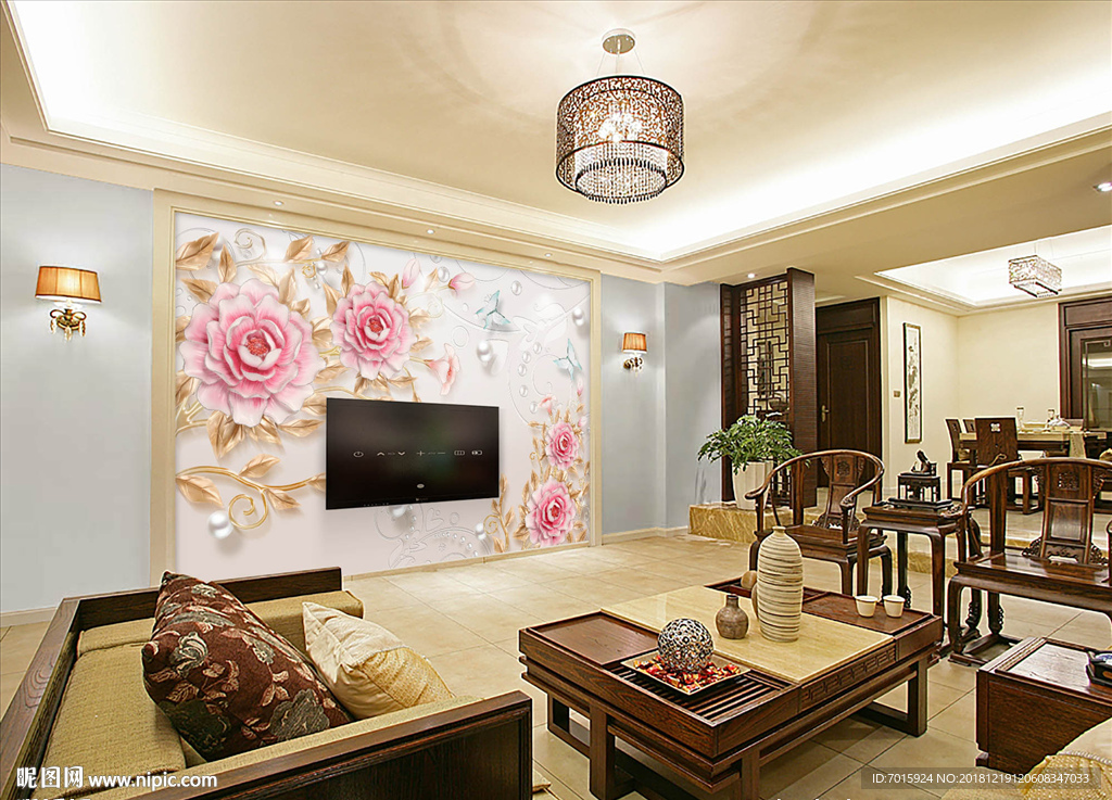 粉红色花朵电视壁画