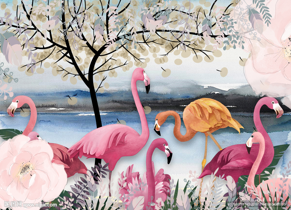 火烈鸟背景墙