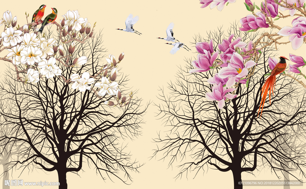 电视背景墙 花鸟