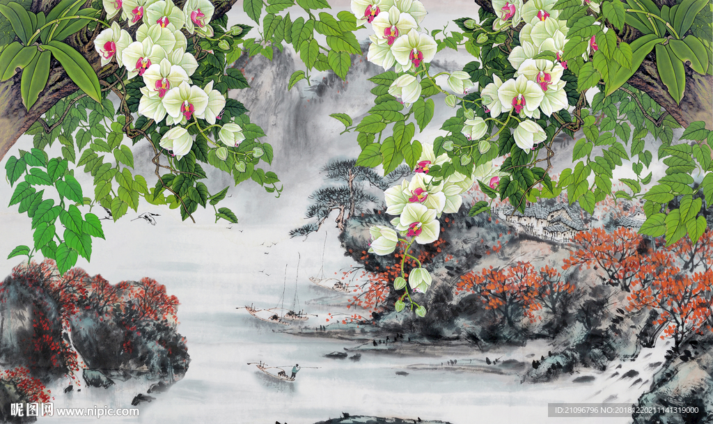 电视背景墙 国画花鸟