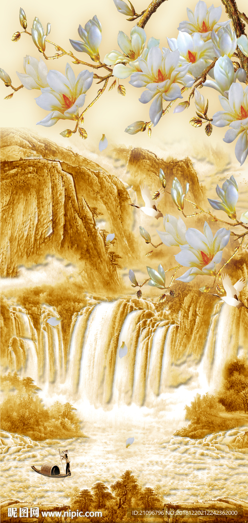 浮雕玄关 山水玉兰花