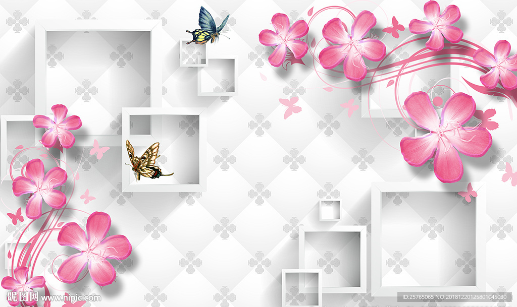 现代花卉蝴蝶软包框框电视背景墙