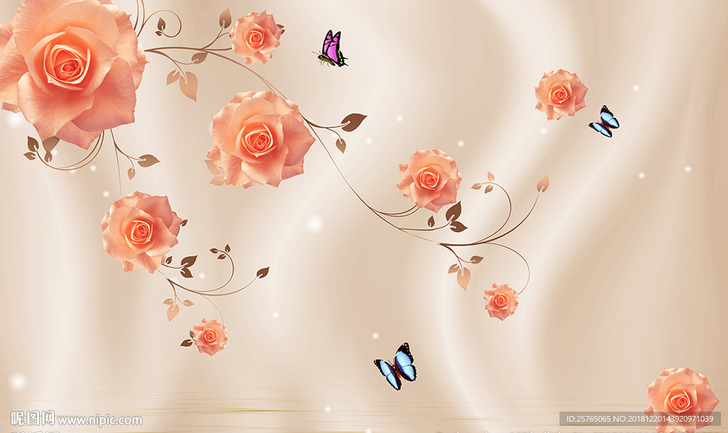 现代花卉蝴蝶纱布电视背景墙