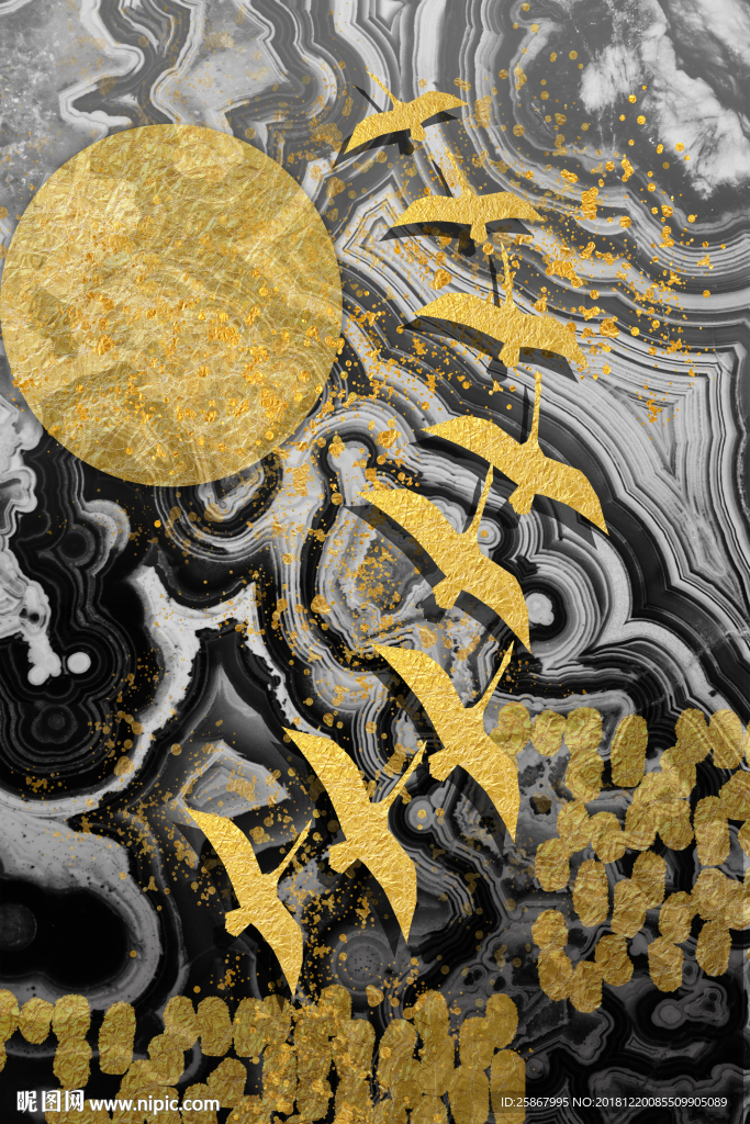 现代简约金箔抽象飞鸟图