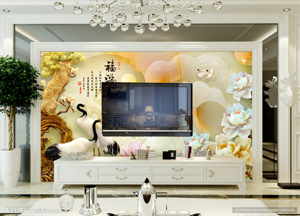 玉雕山水情客厅电视背景墙装饰