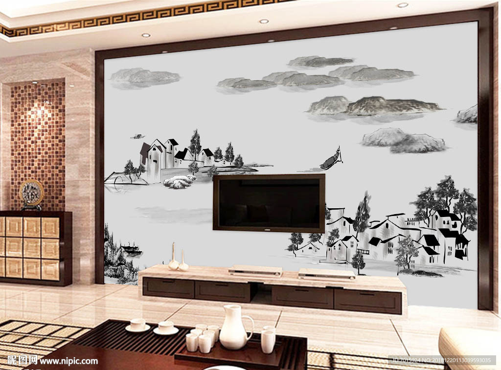 水墨抽象山水情背景墙