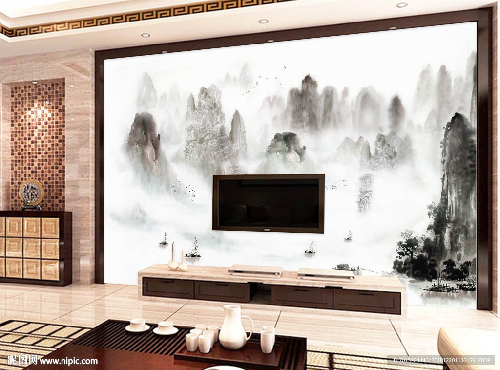 山水画水墨背景墙挂画