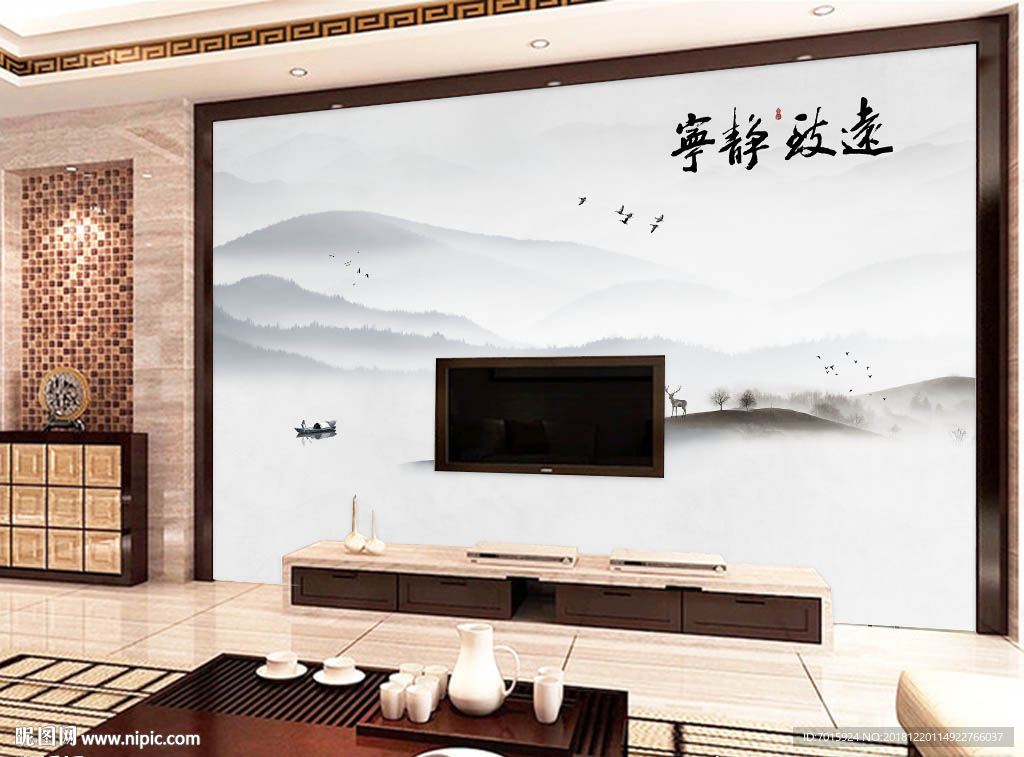 宁静致远新中式山水背景装饰画