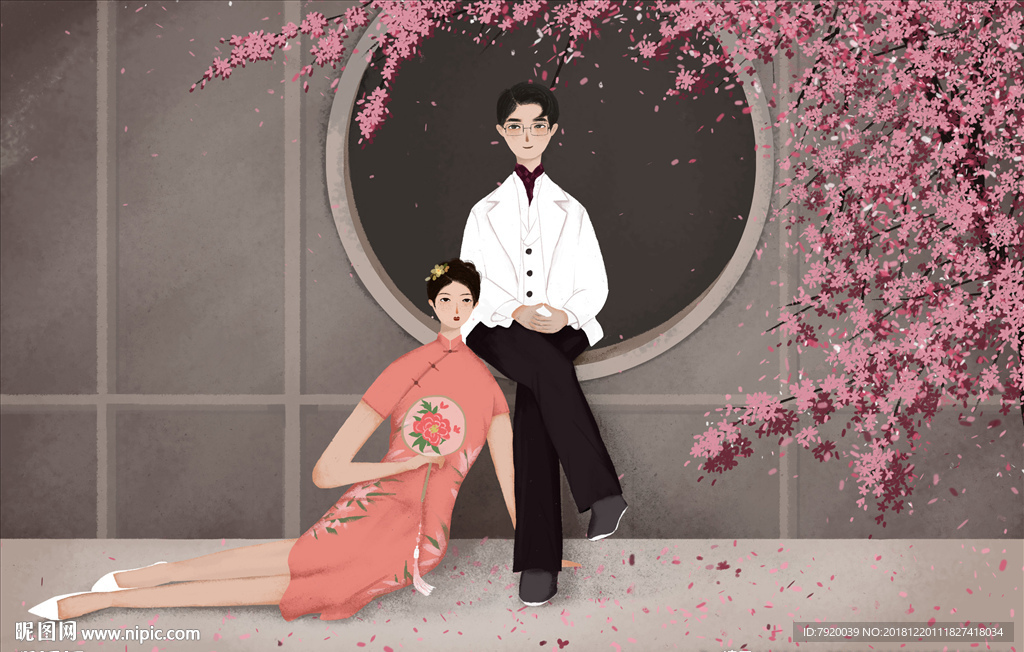 人物桃花插花