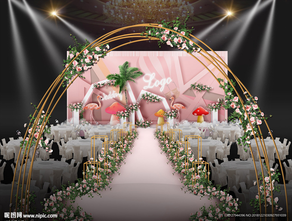 粉色火烈鸟主题婚礼仪式区
