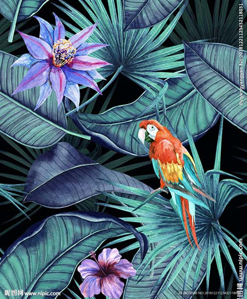 手绘热带植物花鸟服装印花图案