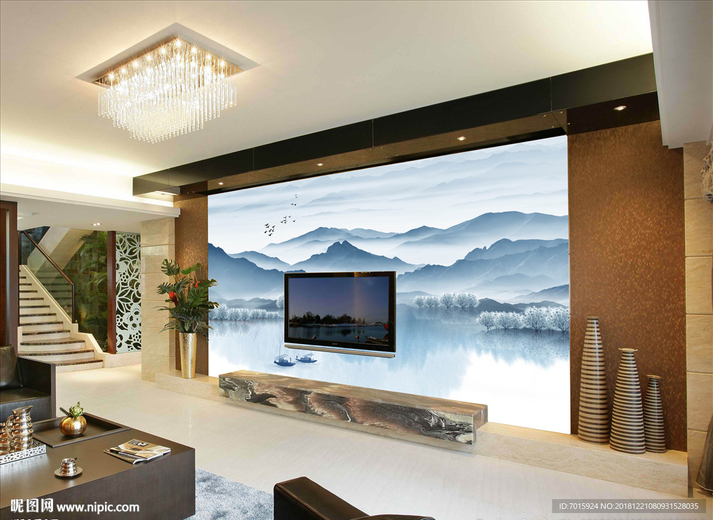 抽象水墨山水背景墙画