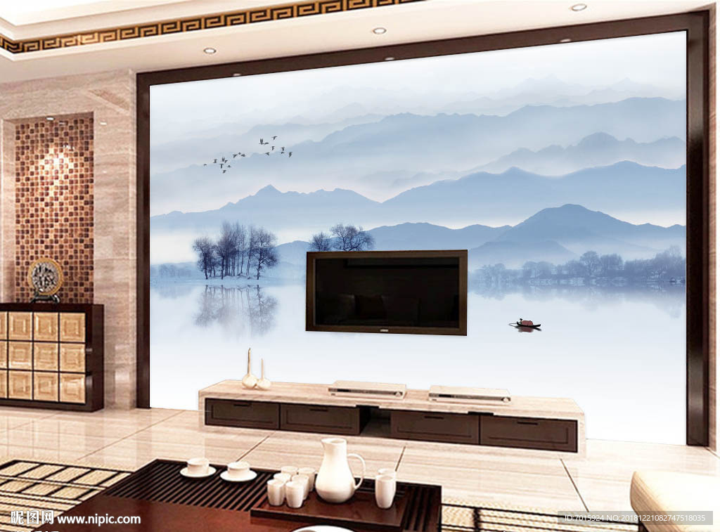新中式抽象水墨山水背景墙