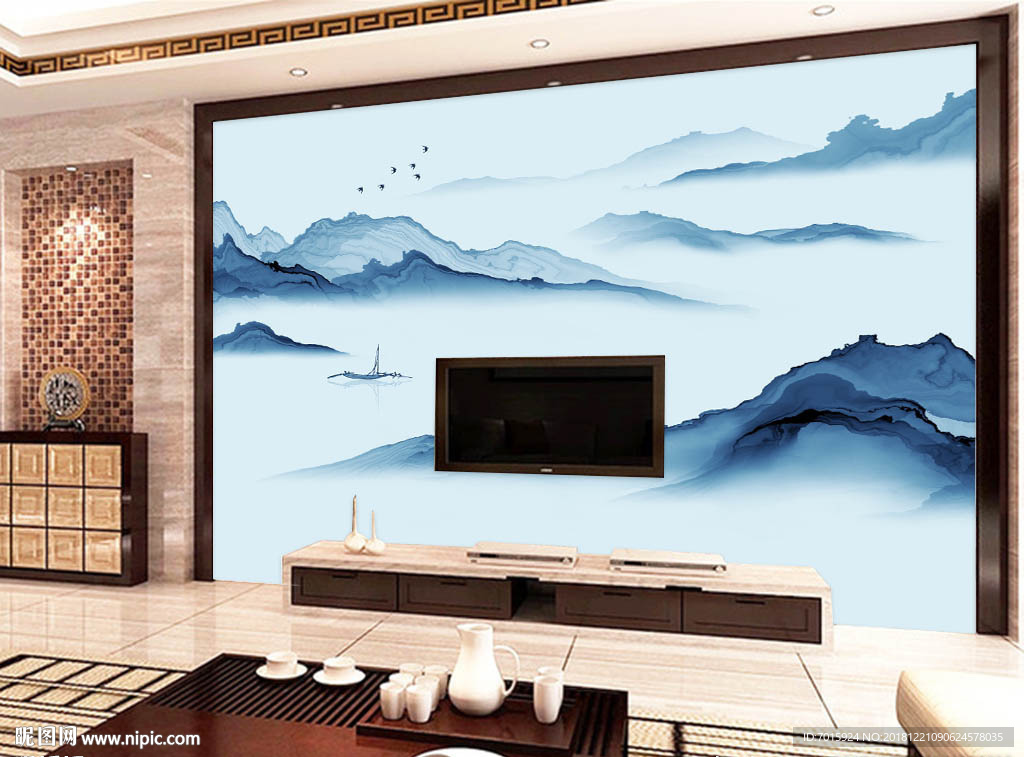 新中式高清水墨山水风景画 背景