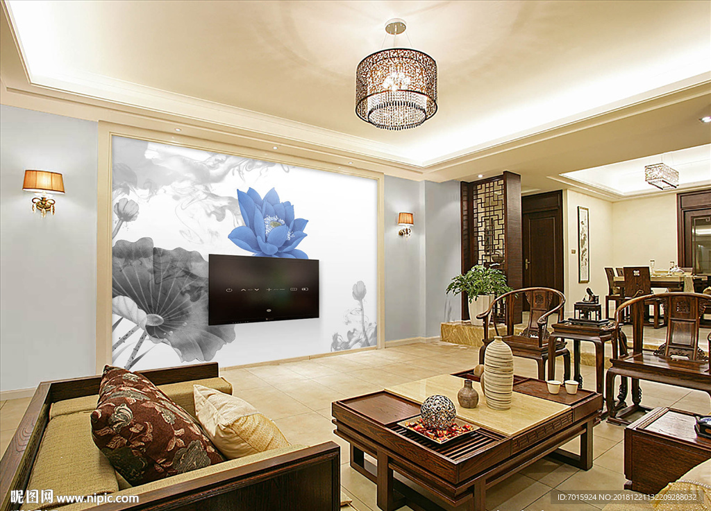 水墨荷花山水风景电视背景墙装