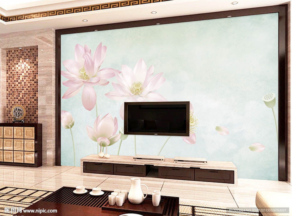 荷花背景电视墙画 挂画