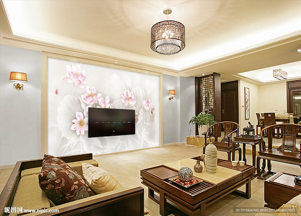 中式荷花图背景墙