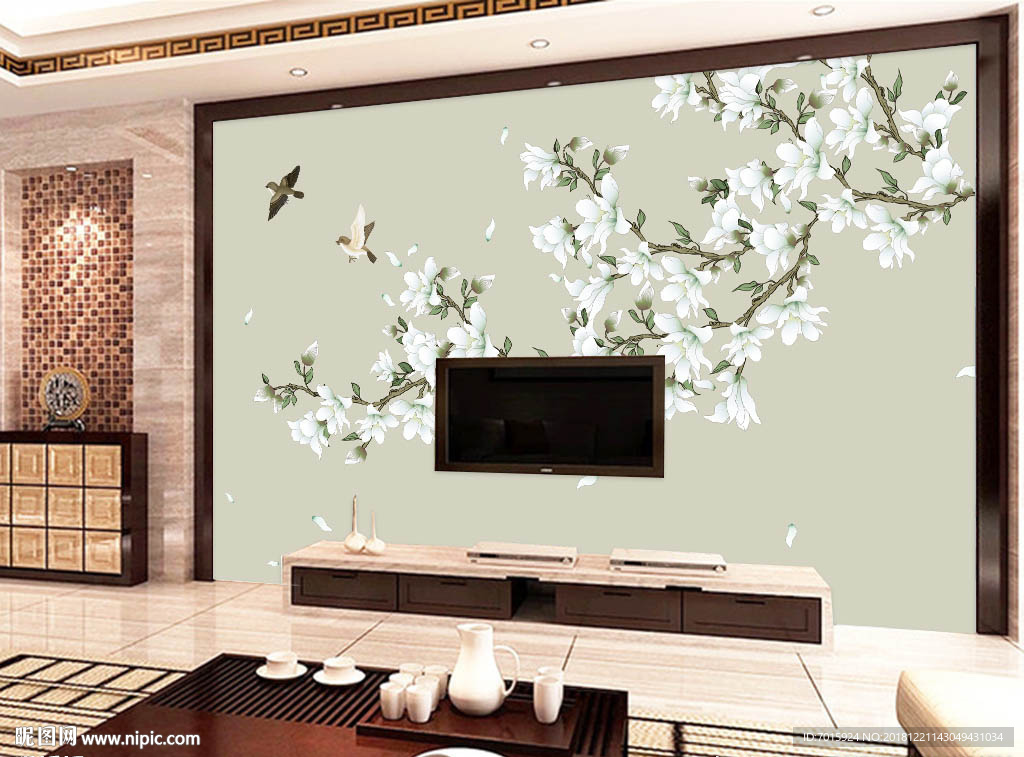 玉兰喜鹊电视背景墙装饰画