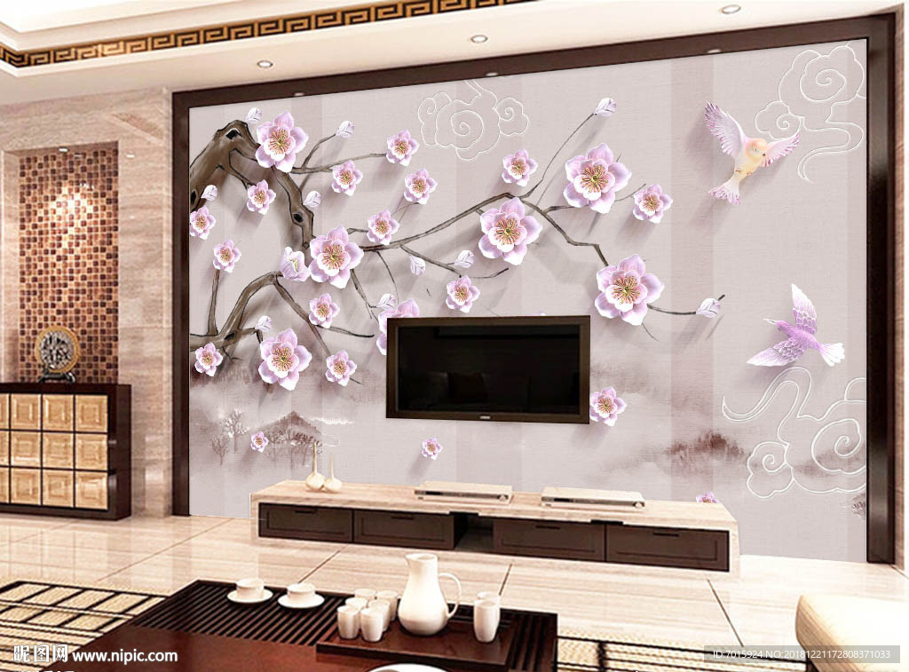 桃花花朵电视背景墙