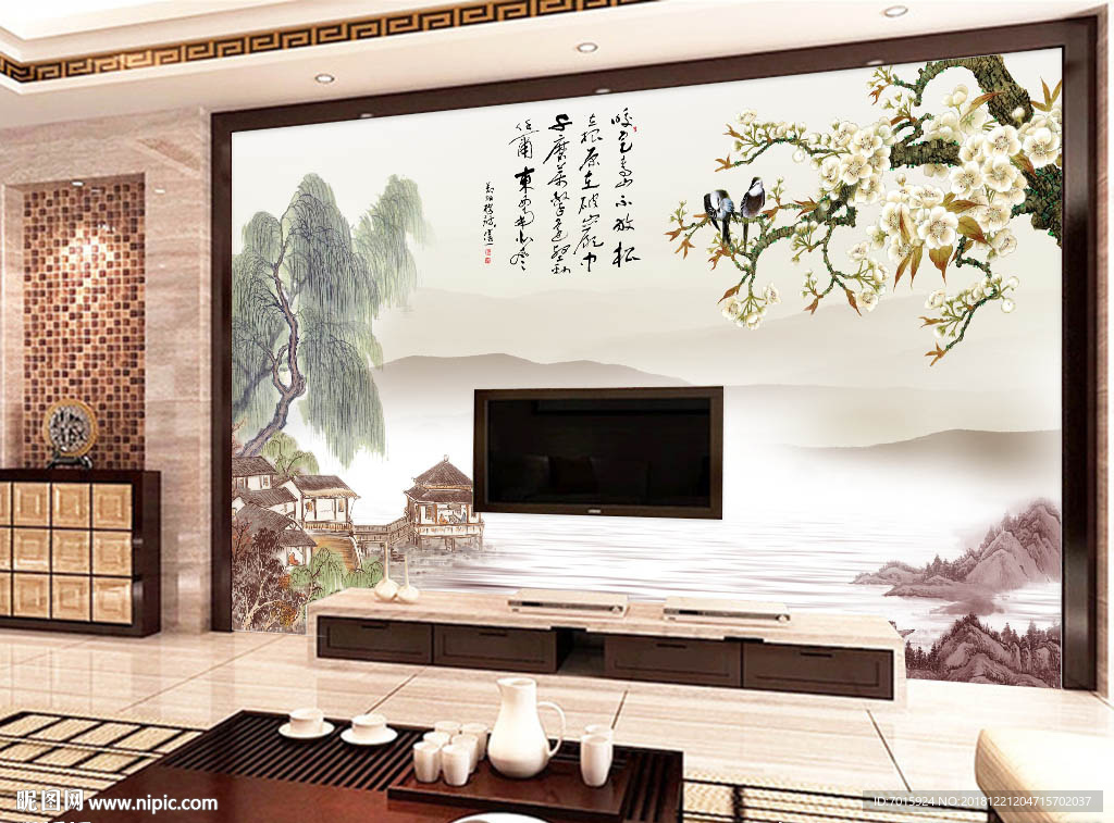 山水画背景墙挂画