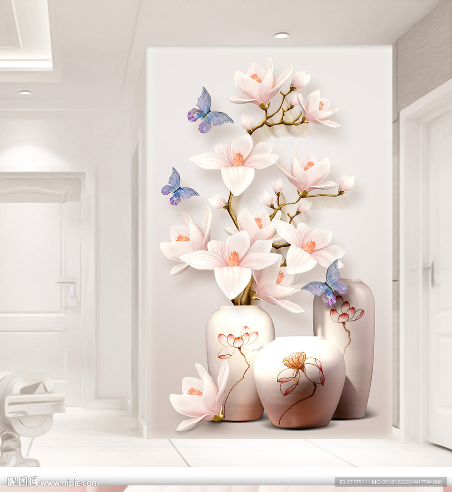 高清3D玉兰花浮雕花瓶插花玄关