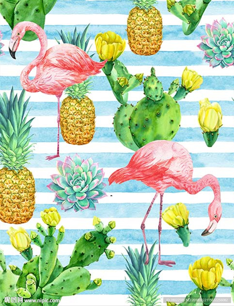 手绘热带植物仙人掌菠萝火烈鸟图