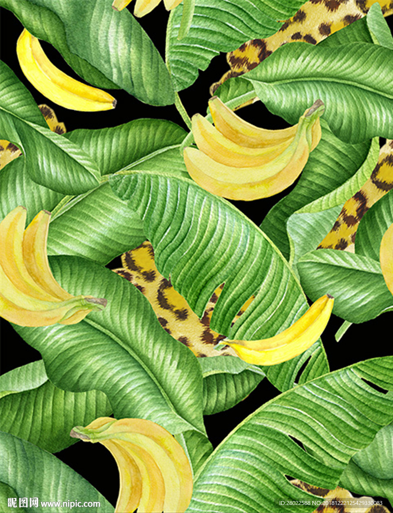 手绘热带植物香蕉树香蕉豹纹图案