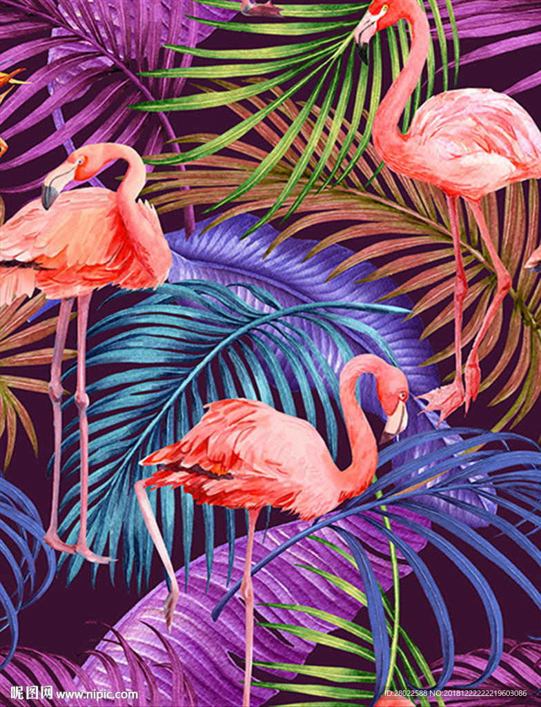 手绘热带植物火烈鸟服装印花图案