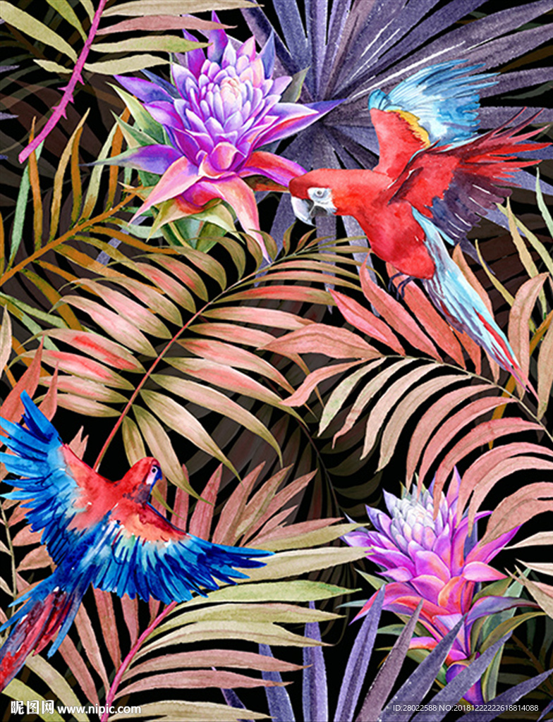 手绘热带植物鹦鹉花卉服装印花图