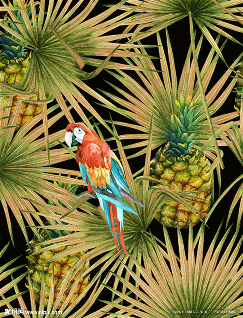 手绘热带植物菠萝鹦鹉服装印花图