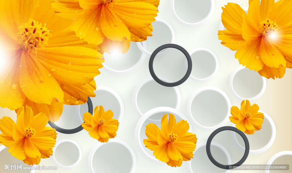 橙黄色菊花花朵3D电视背景墙