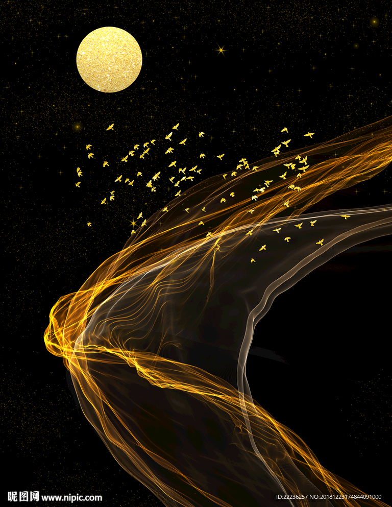 金色丝线梦幻星月夜冰晶瓷装饰画
