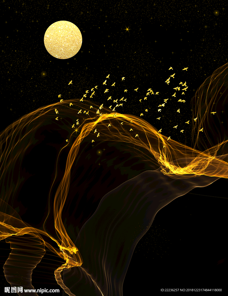 金色丝线梦幻星月夜冰晶瓷装饰画