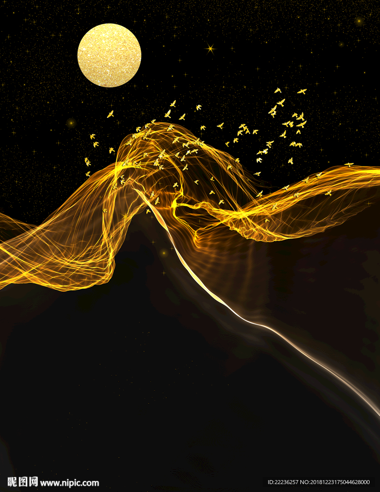 金色丝线梦幻星月夜冰晶瓷装饰画