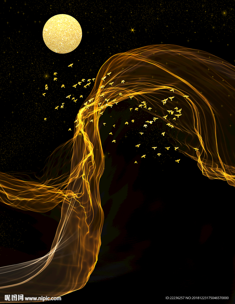 金色丝线梦幻星月夜冰晶瓷装饰画