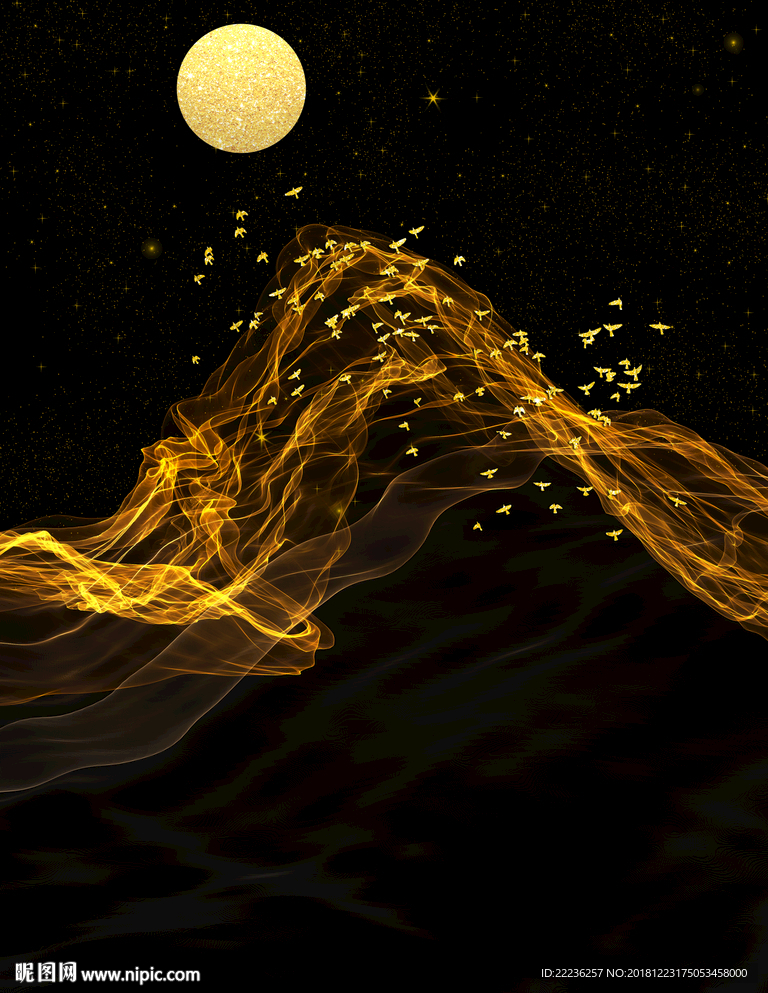 金色丝线梦幻星月夜冰晶瓷装饰画