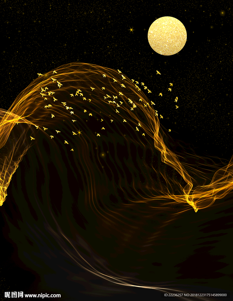 金色丝线梦幻星月夜冰晶瓷装饰画