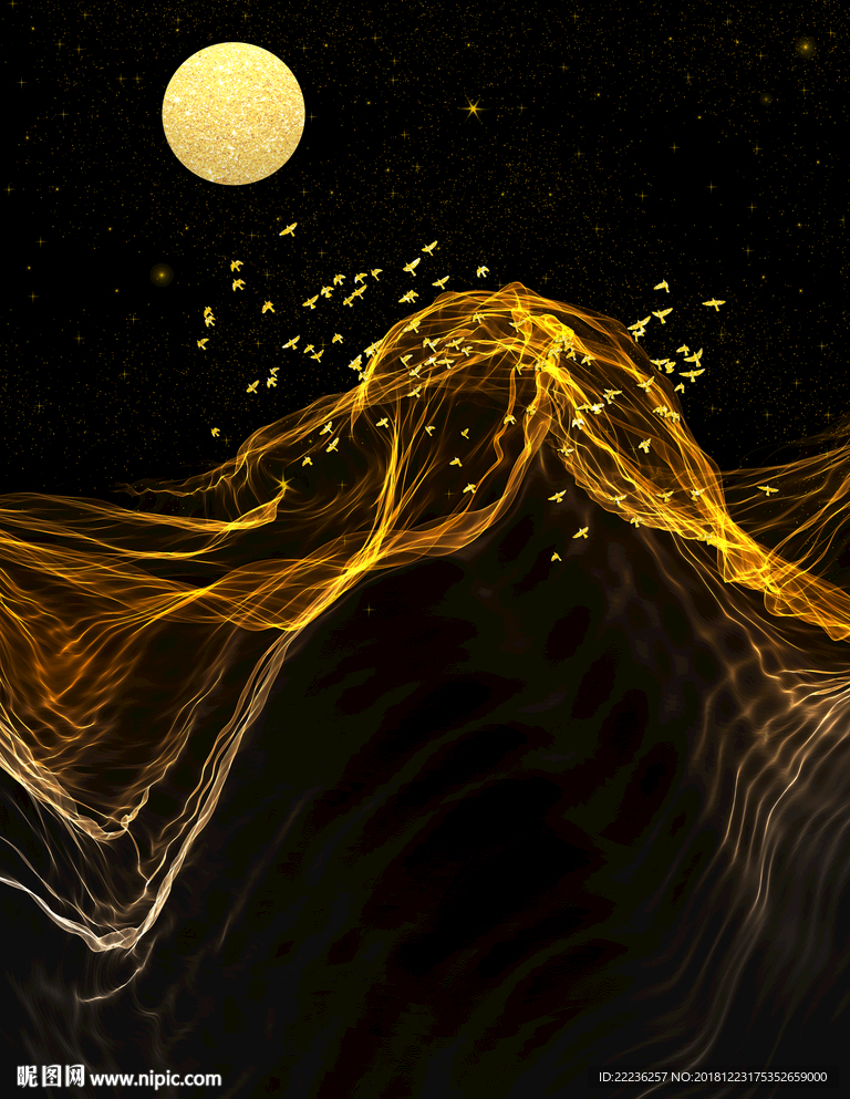 金色丝线梦幻星月夜冰晶瓷装饰画