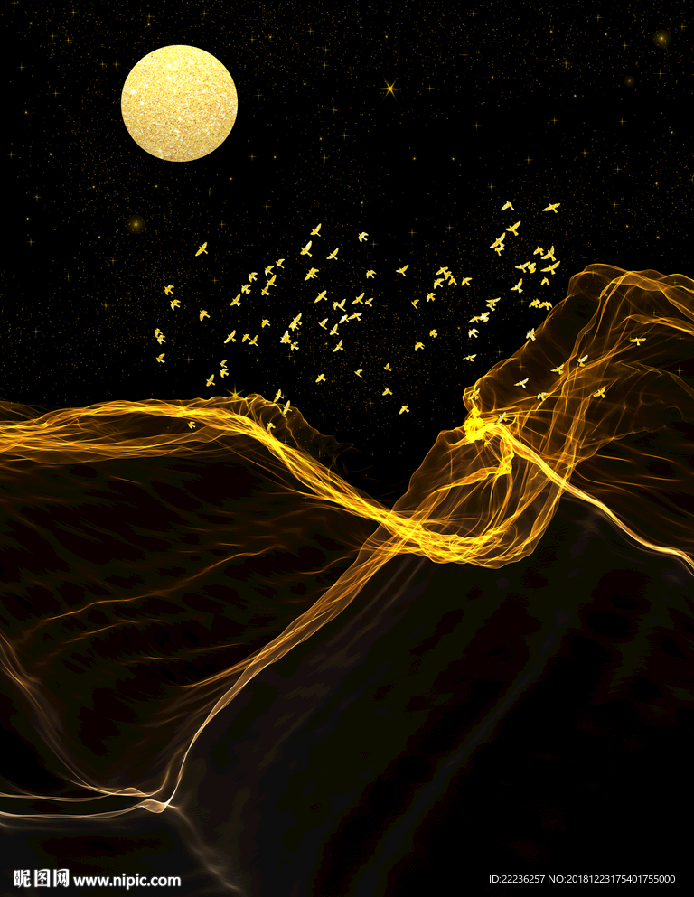 金色丝线梦幻星月夜冰晶瓷装饰画