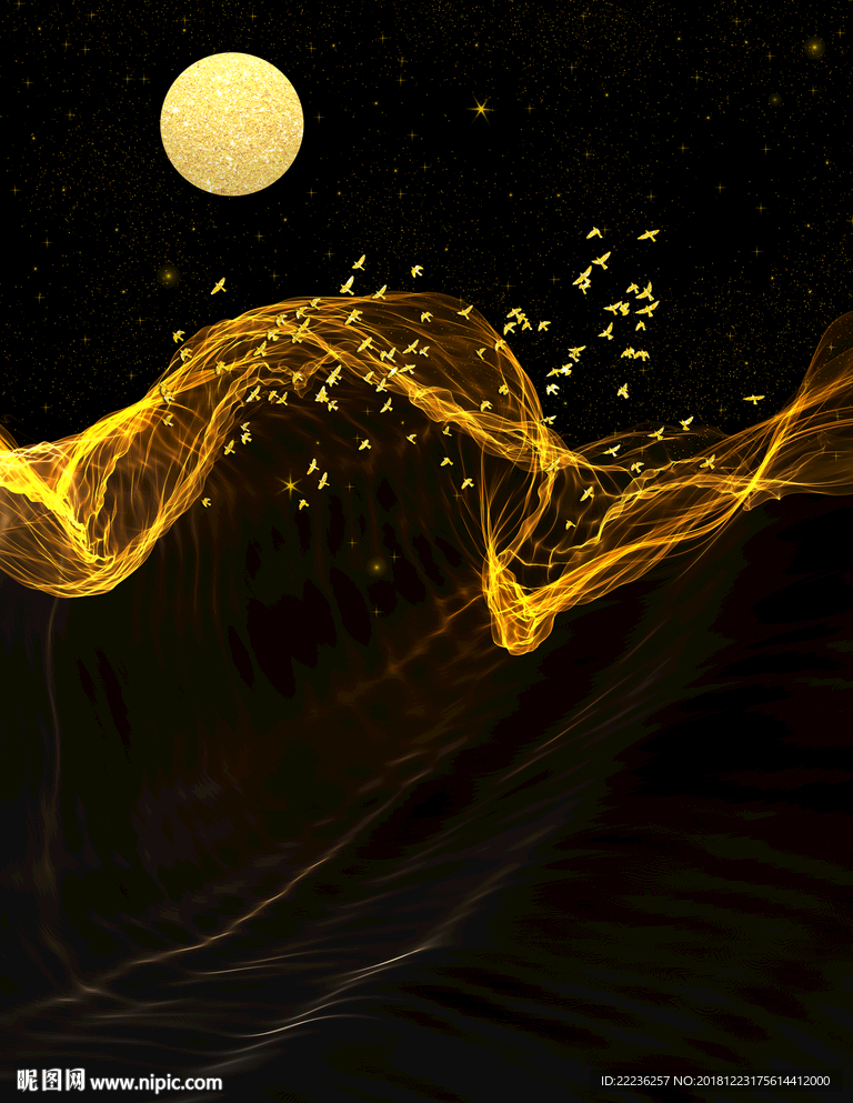 金色丝线梦幻星月夜冰晶瓷装饰画