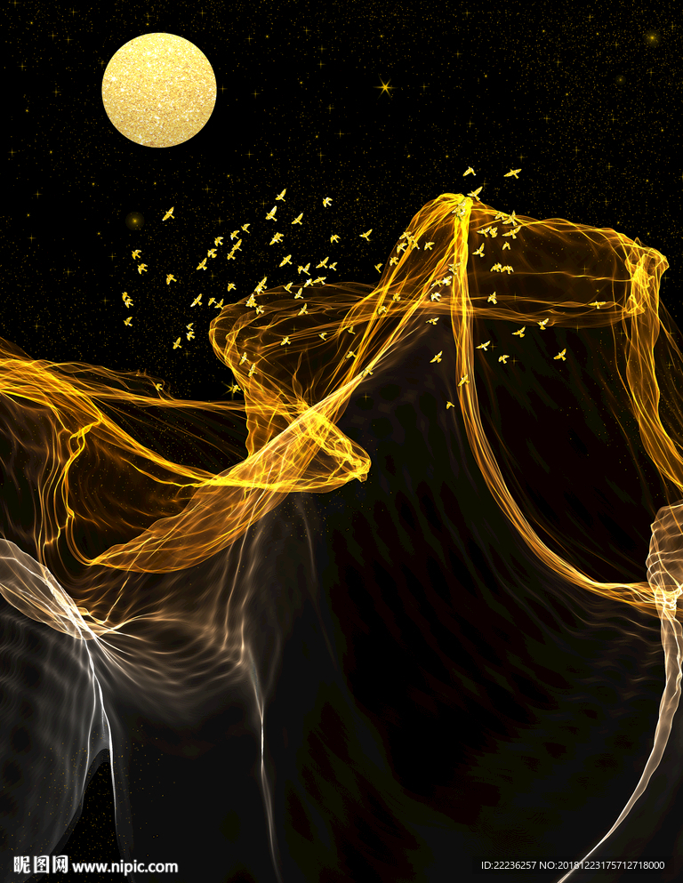 金色丝线梦幻星月夜冰晶瓷装饰画