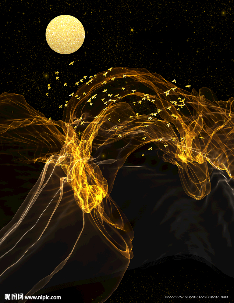 金色丝线梦幻星月夜冰晶瓷装饰画