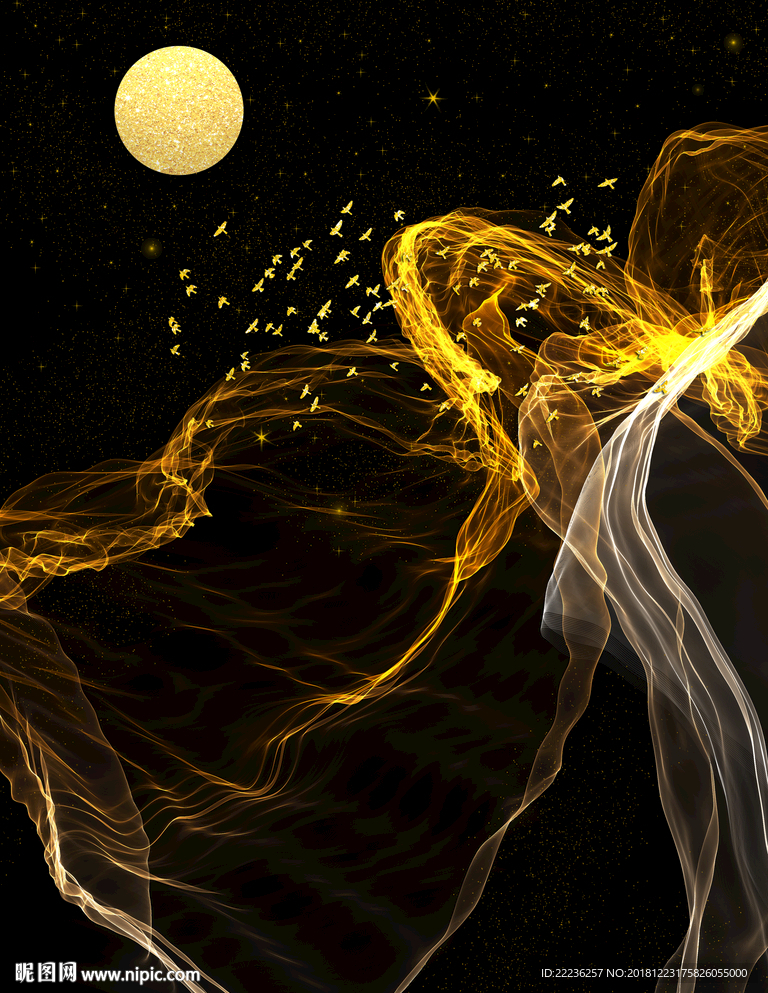 金色丝线梦幻星月夜冰晶瓷装饰画