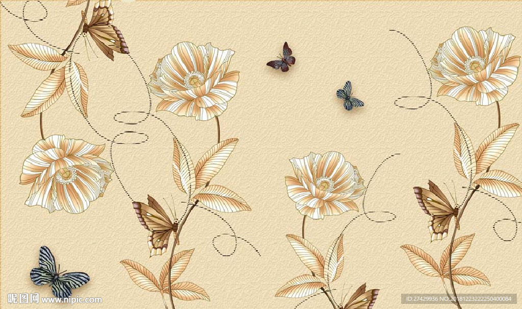 刺绣花卉蝴蝶欧式背景墙壁画