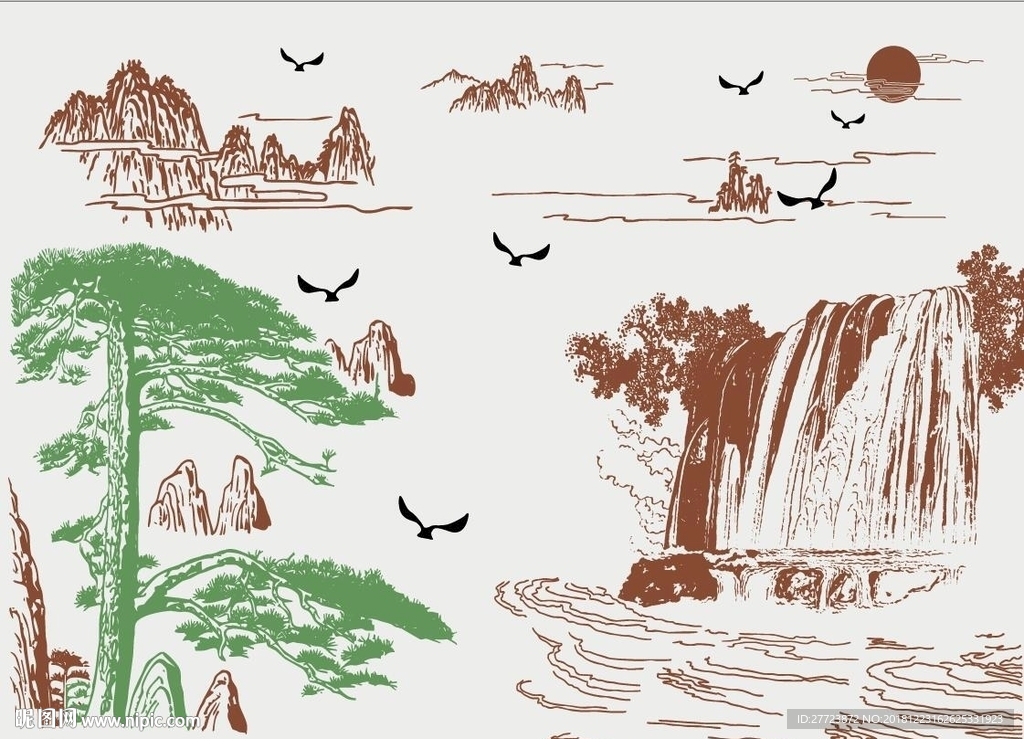 迎客松瀑布山水画
