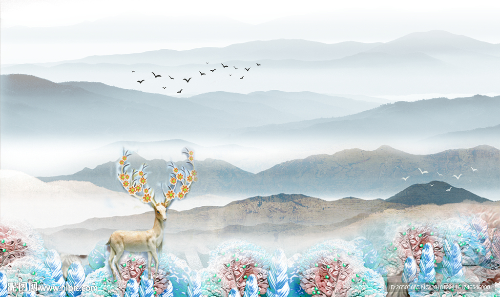 小鹿蓝色山水背景墙