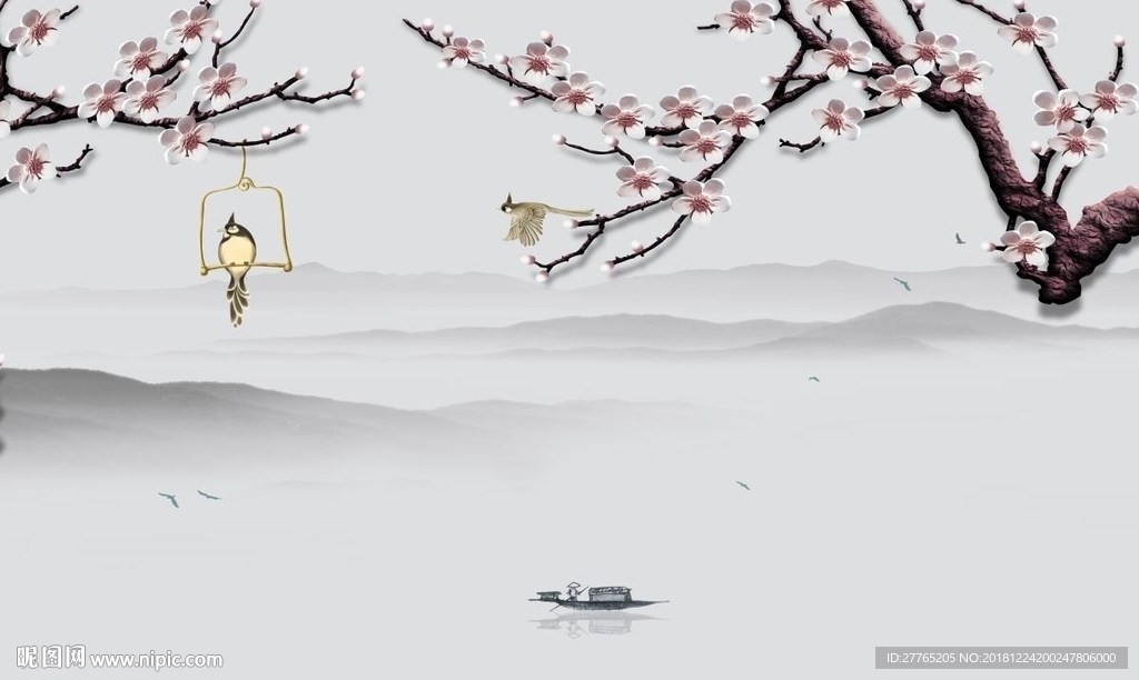 梅花中式山水背景墙